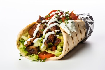 Gyro Wrap on White Background, Greek Lamb Gyro Wrap on White, Mediterranean Gyro Sandwich, Grilled Meat Wrap with Vegetables, Lamb Gyro with Vegetables, Healthy and Delicious Gyro Wrap,Easy to cut out