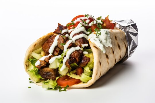 Gyro Wrap on White Background, Greek Lamb Gyro Wrap on White, Mediterranean Gyro Sandwich, Grilled Meat Wrap with Vegetables, Lamb Gyro with Vegetables, Healthy and Delicious Gyro Wrap,Easy to cut out