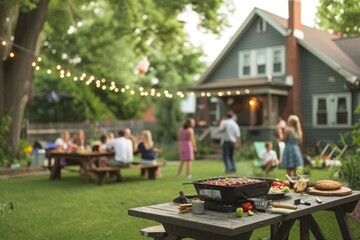 A diverse group of individuals standing around a wooden picnic table enjoying a meal and engaging in conversation, Families enjoying a barbecue party in a suburban backyard, AI Generated
