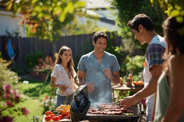 A diverse group of individuals standing around a barbecue grill, preparing food and enjoying a social gathering, Families enjoying a barbecue party in a suburban backyard, AI Generated - Powered by Adobe