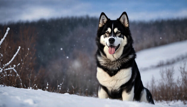 Alaskan Malamute dog poses with its whole body in nature