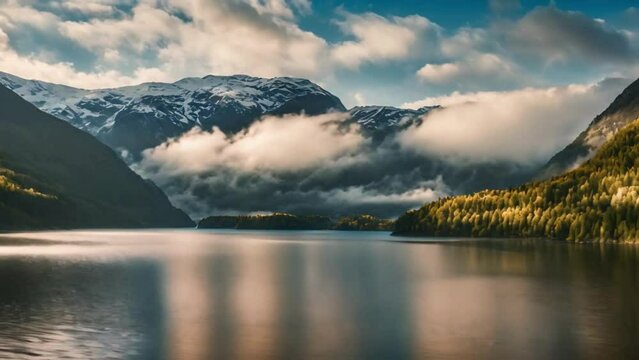 Beautiful Nature Norway natural landscape lovatnet lake flying over the clouds