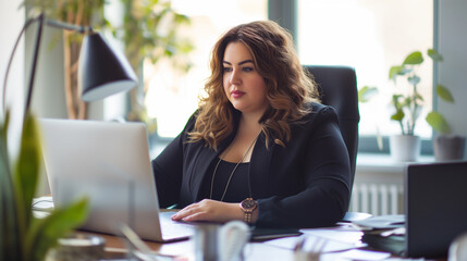 Plus size manager businesswoman CEO working on desk with computer laptop in modern office