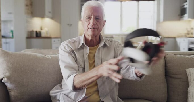 Gaming controller, headset and old man lose in video game, fantasy RPG or digital interactive entertainment. Lounge couch, disappointed and mature person angry with defeat in gamer challenge at home