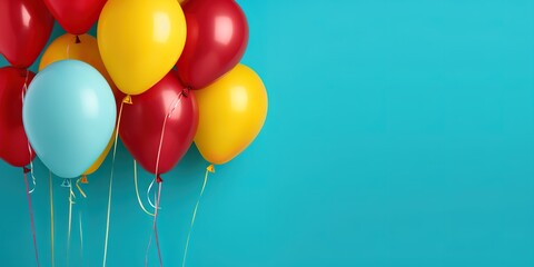 The balloons are red, yellow and blue on a blue background with an empty space on the right