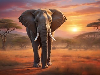 A majestic elephant stands tall in a vibrant and colorful background, illuminated by the warm glow of the setting sun. Illustration for world wild life day 2024