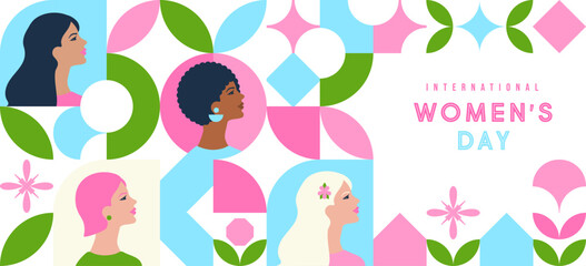 International Women’s Day landing page. Web design template feminist social issues event on March 8. Floral pink mosaic illustration girl group together struggle for freedom, independence, equality.