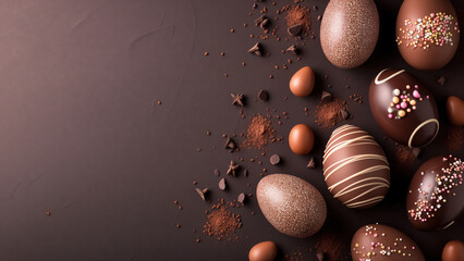 Easter wallpaper with chocolate eggs on a brown background with copy space