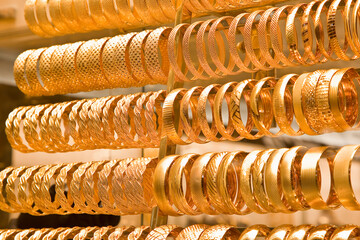 Grand Bazaar - the old traditional market in Istanbul with traditional handmade gold jewelry for sale (Turkey)