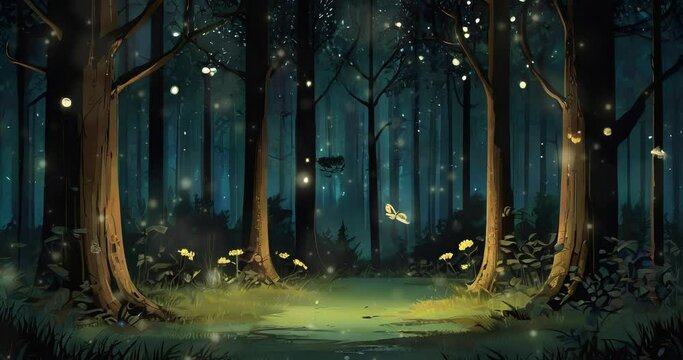 trees with fireflies animation background. AI generated for international day of forest