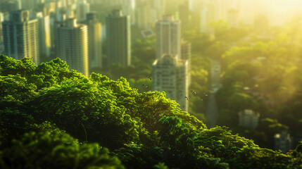 green forest slowly transitioning into an urban cityscape, symbolizing change from nature to civilization