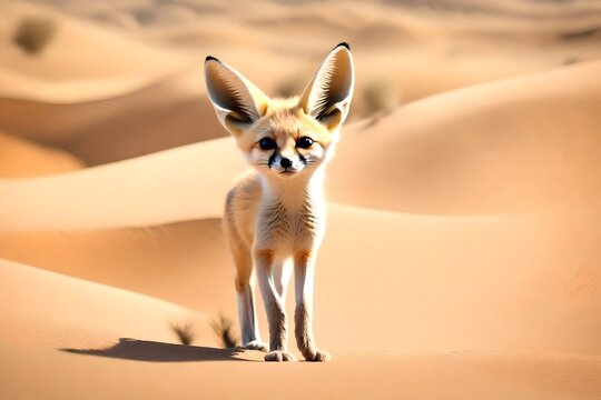 little  baby fennec fox walking in the desert
