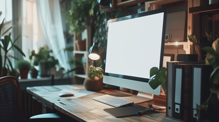Blank white screen desktop computer mockup in modern office room or home workspace with decorations