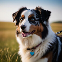 Australian Shepherd dog poses with his whole body in nature