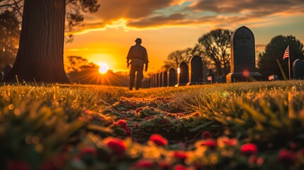Silhouette Of A Veteran Walking In Cemetery Sunrise With Dew Tombstones Lined With American Flags. - obrazy, fototapety, plakaty
