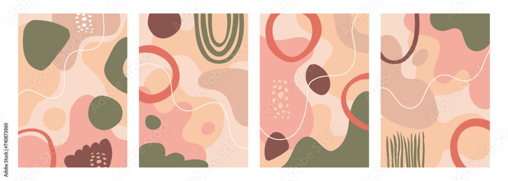 Fototapete set of abstract backgrounds with various hand drawn dynamic shapes and white wavy lines for creative