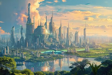 This photo captures a vision of a futuristic city nestled amidst lush green trees and surrounded by water, Fantasy illustration of a city powered by biotechnology, AI Generated - Powered by Adobe