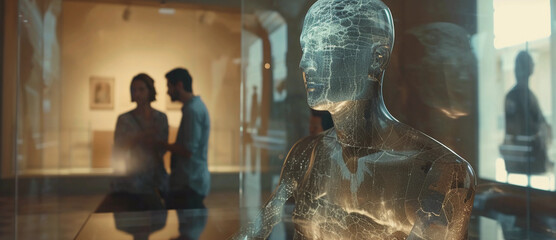 ancient, cracked statue in a museum morphing into a holographic, interactive display, showcasing the evolution of art and technology, soft museum lighting, visitors observing in awe