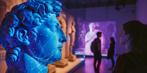 ancient, cracked statue in a museum morphing into a holographic, interactive display, showcasing the evolution of art and technology, soft museum lighting, visitors observing in awe