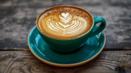 Fototapete Kaffee Bar Cappuccino (late) with lush foam in a green cup on a wooden background. Popular Italian coffee drink.