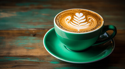 Cappuccino (late) with lush foam in a green cup on a wooden background. Popular Italian coffee drink. - obrazy, fototapety, plakaty