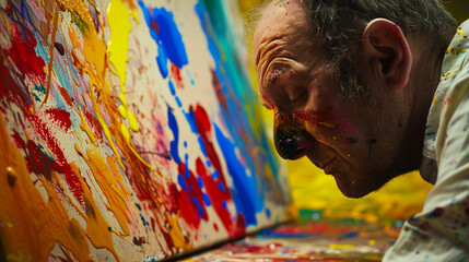 canvas where their paint has spilled, vivid colors of the spill, detailed expression of frustration