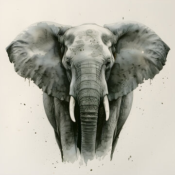 Painting of an African elephant with wrinkled skin and large tusks