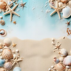 Fototapeta na wymiar White sandy beach with seashells, starfish and ocean waves with copy space