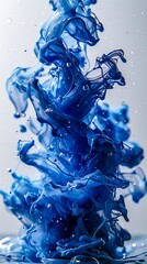 Sculptural Blue Ink Explosion In Water With Dynamic Droplets And Swirls Against A Light Background.