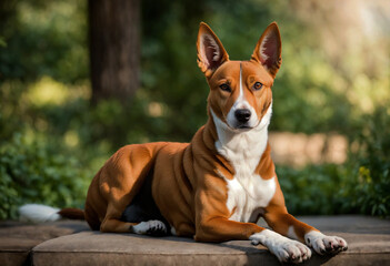 Basenji dog poses with his whole body in nature