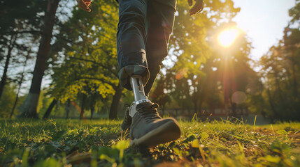 A determined individual braves the great outdoors, their prosthetic leg stepping confidently on the lush grass beneath a golden autumn sun, surrounded by towering trees and vibrant plants