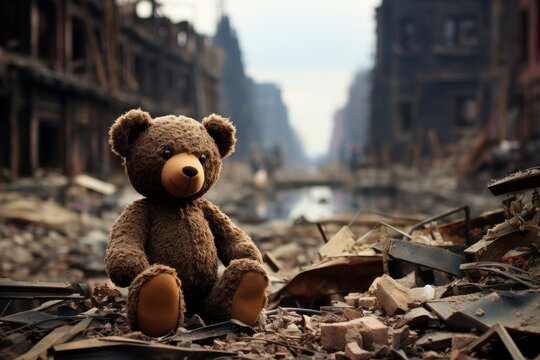Teddy bear symbolizing innocence and hope amongst devastation in war-ravaged cityscape