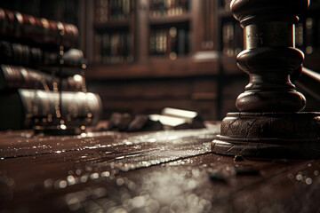 judge's gavel on a wooden table, a background of law books, focus on the concept of legal accountability