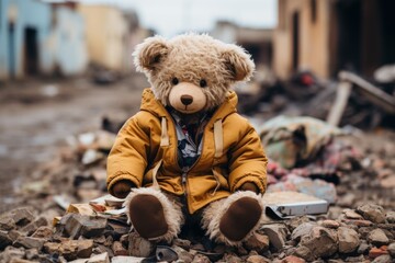 Childrens teddy bear amidst ruined city. symbol of innocence and hope amidst devastating war