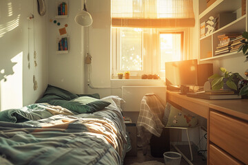 child's empty bedroom transforming into a college student's dorm room over time, showing personal growth and life changes, from toys to textbooks