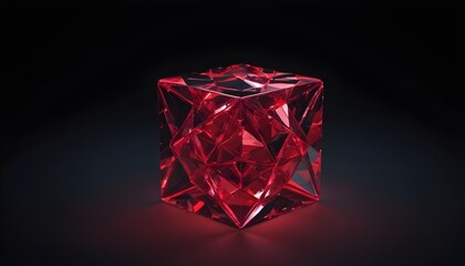 Low poly red poligonal crystal cube isolated on black background, gloomy
