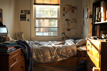 child's empty bedroom transforming into a college student's dorm room over time, showing personal growth and life changes, from toys to textbooks