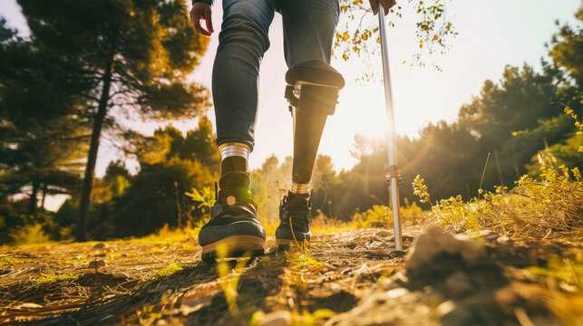 A resilient hiker with a prosthetic leg and walking stick embraces the autumn sun amidst a picturesque landscape of trees, grass, and sky