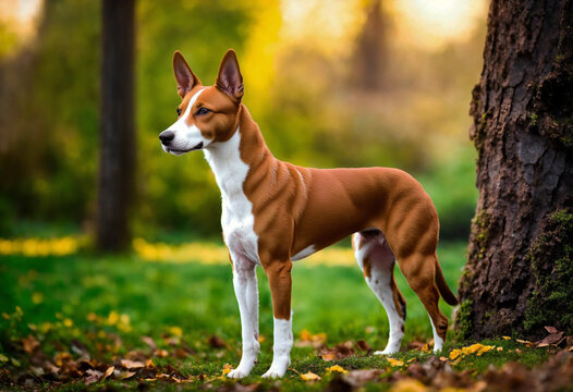 Basenji dog poses with his whole body in nature