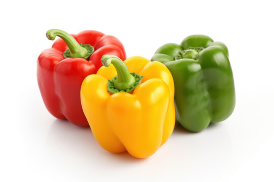 Vibrant Color Mix: Red, Yellow, and Green Bell Peppers on White Background