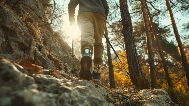 A determined hiker navigates through the rugged terrain of a forest, their prosthetic leg carefully placed on the rocky ground as they soak in the warm sunlight and marvel at the vibrant autumn lands - Powered by Adobe