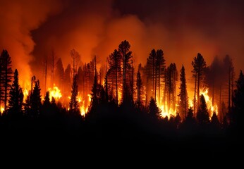激しい山火事、ブッシュファイヤーで補脳と煙が森を焼く