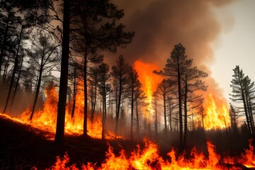 激しい山火事、ブッシュファイヤーで炎と煙が森を焼く
