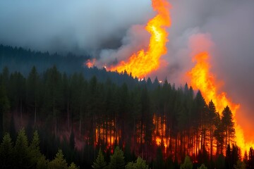 激しい山火事、ブッシュファイヤーで炎と煙が森を焼く - 740874677