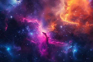 Foto op Plexiglas The photo depicts a vibrant space scene adorned with numerous stars and billowing clouds, Fantasy-inspired vibrant nebula cloud in an alien galaxy, AI Generated © Iftikhar alam