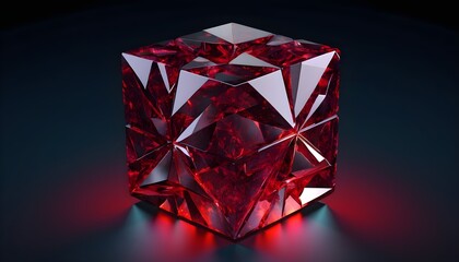 Low poly red poligonal crystal cube isolated on black background