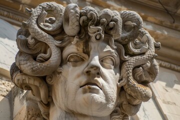 Obraz premium Medusa with serpents for hair turning a brave warrior to stone