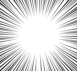 Burst light speed line anime zoom frame background. Manga radial speed lines for comic effect. Superhero motion and force action flash strip lines for anime comic book.