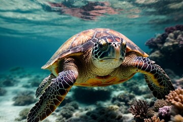 Fototapeta premium Portrait of sea turtle swimming under water.
