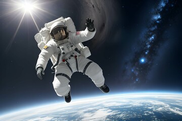 宇宙空間にいる宇宙飛行士と地球 - obrazy, fototapety, plakaty
